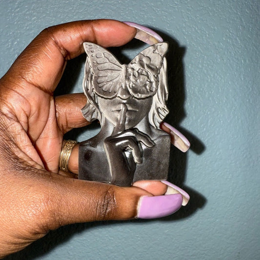 Butterfly Woman Silver Sheen Black Obsidian 3 x 2”approx carving pendant Figure