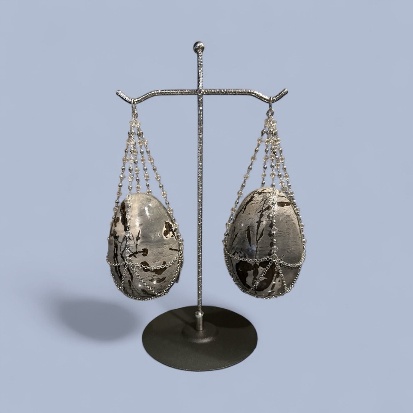 Picture Jasper Crystal Eggs with Silver Scale Chain Holder Set 🌹🌹