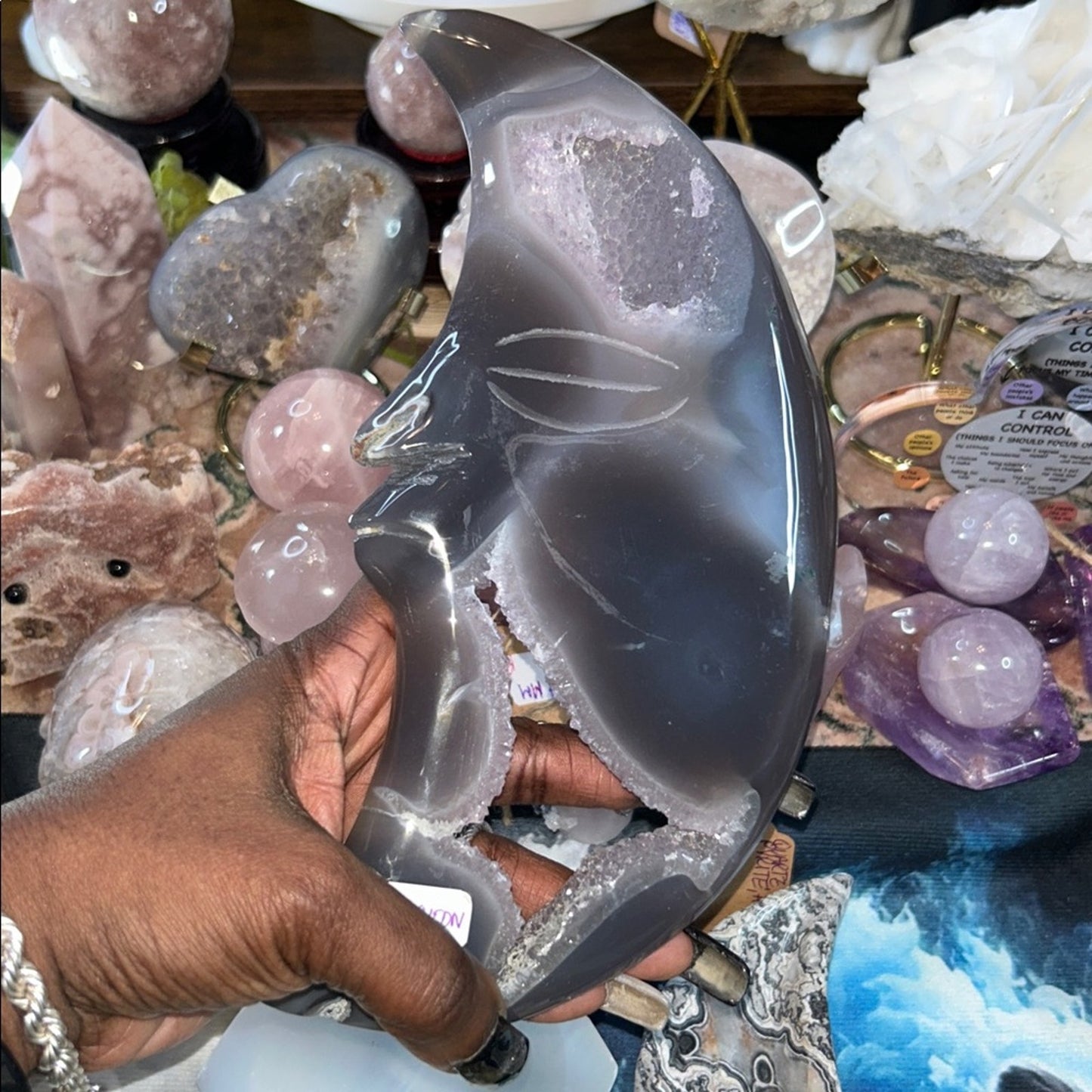 Amethyst, Quartz, & Agate Moon Custom carving AMAGTMOON-LRG
