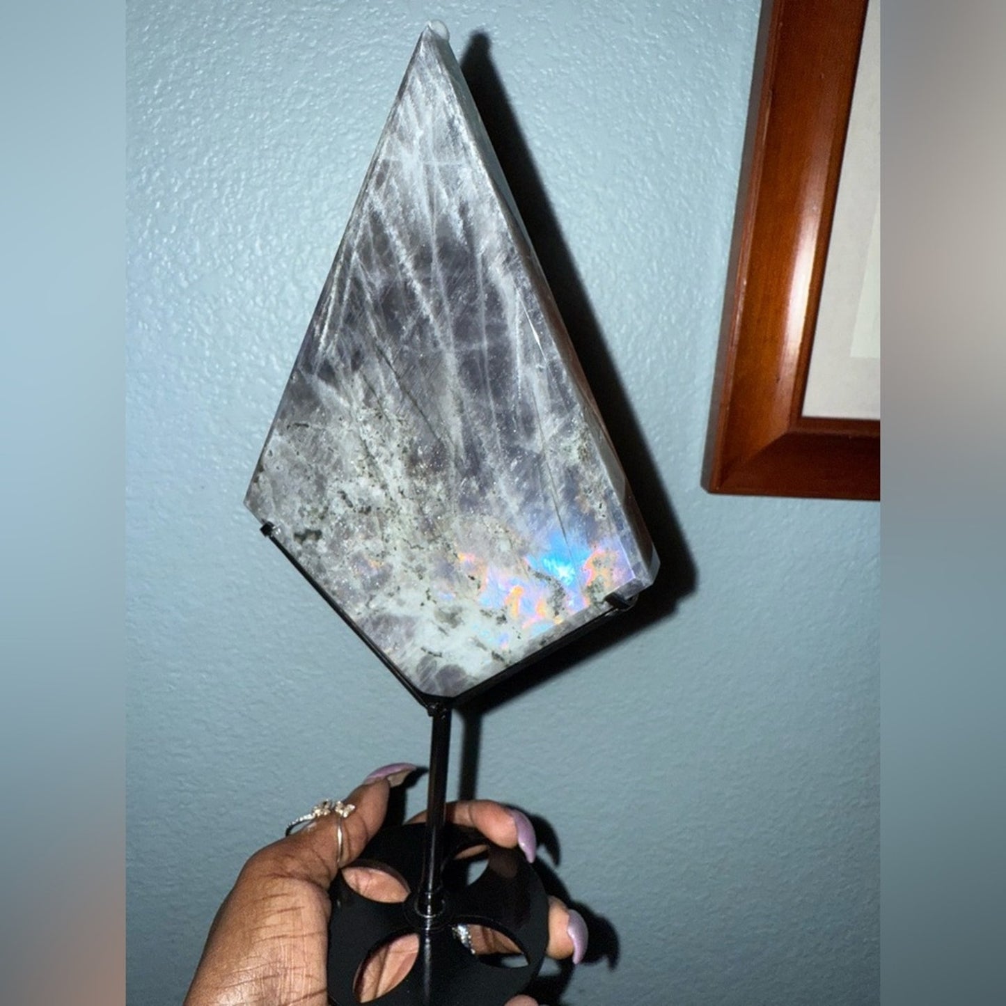 Natural Labradorite Stone Diamond on black metal stand!