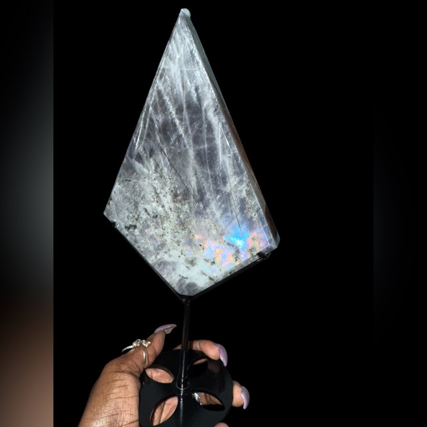 Natural Labradorite Stone Diamond on black metal stand!