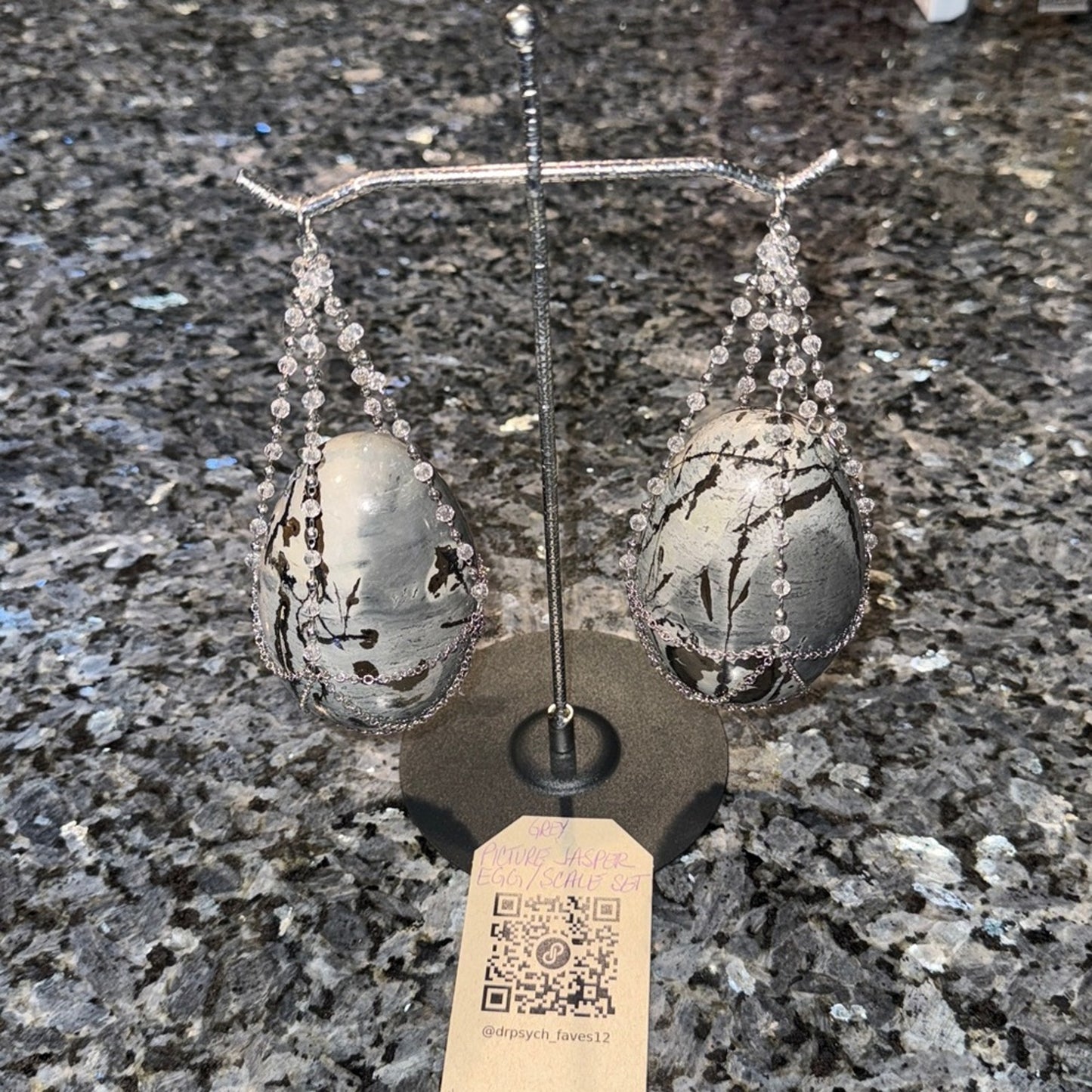 Picture Jasper Crystal Eggs with Silver Scale Chain Holder Set 🌹🌹