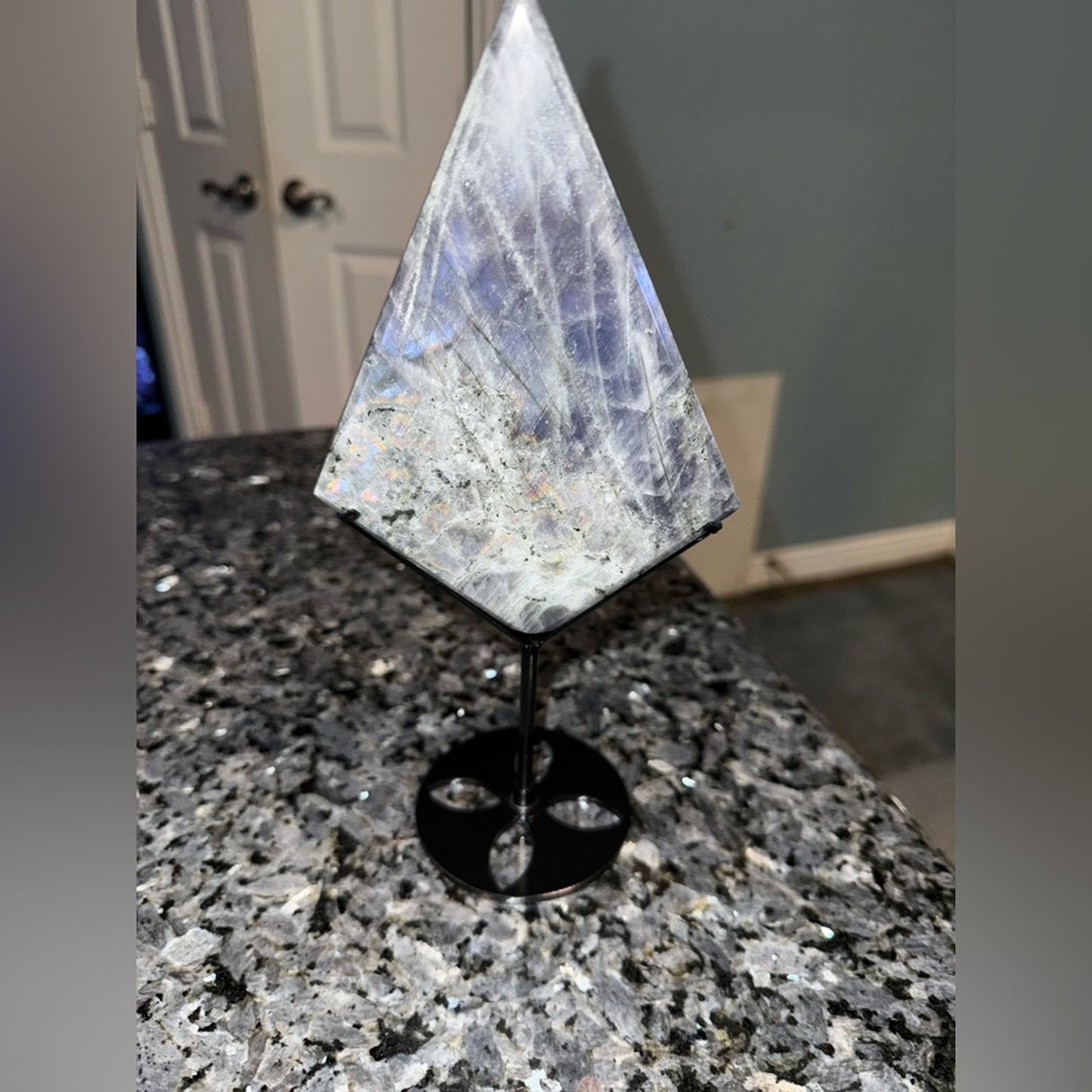 Natural Labradorite Stone Diamond on black metal stand!