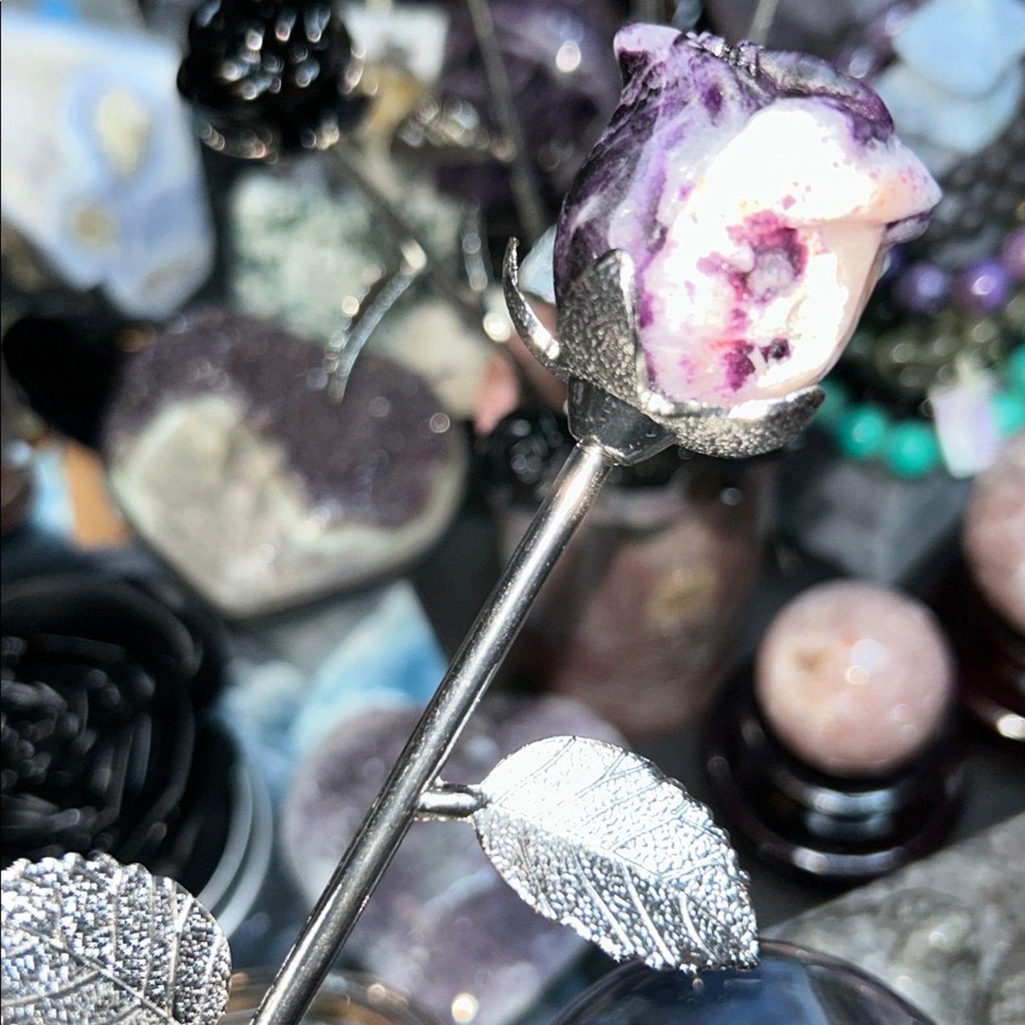 Fluorite root or Obsidian Rose Carvings w/Silver Stainless stem - Price for 1 🌹🌹