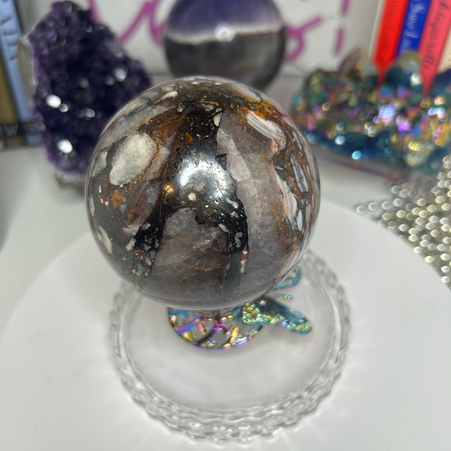 Amethyst and Mexican Lace Agate Large Sphere 81MM - MXAGAMYSPMED