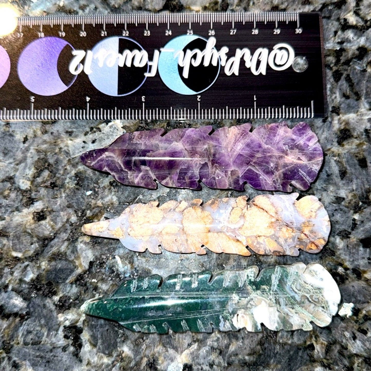 Set of 3 - Dream Amethyst, Moss Agate, Blue Flower  Agate Carved Feathers