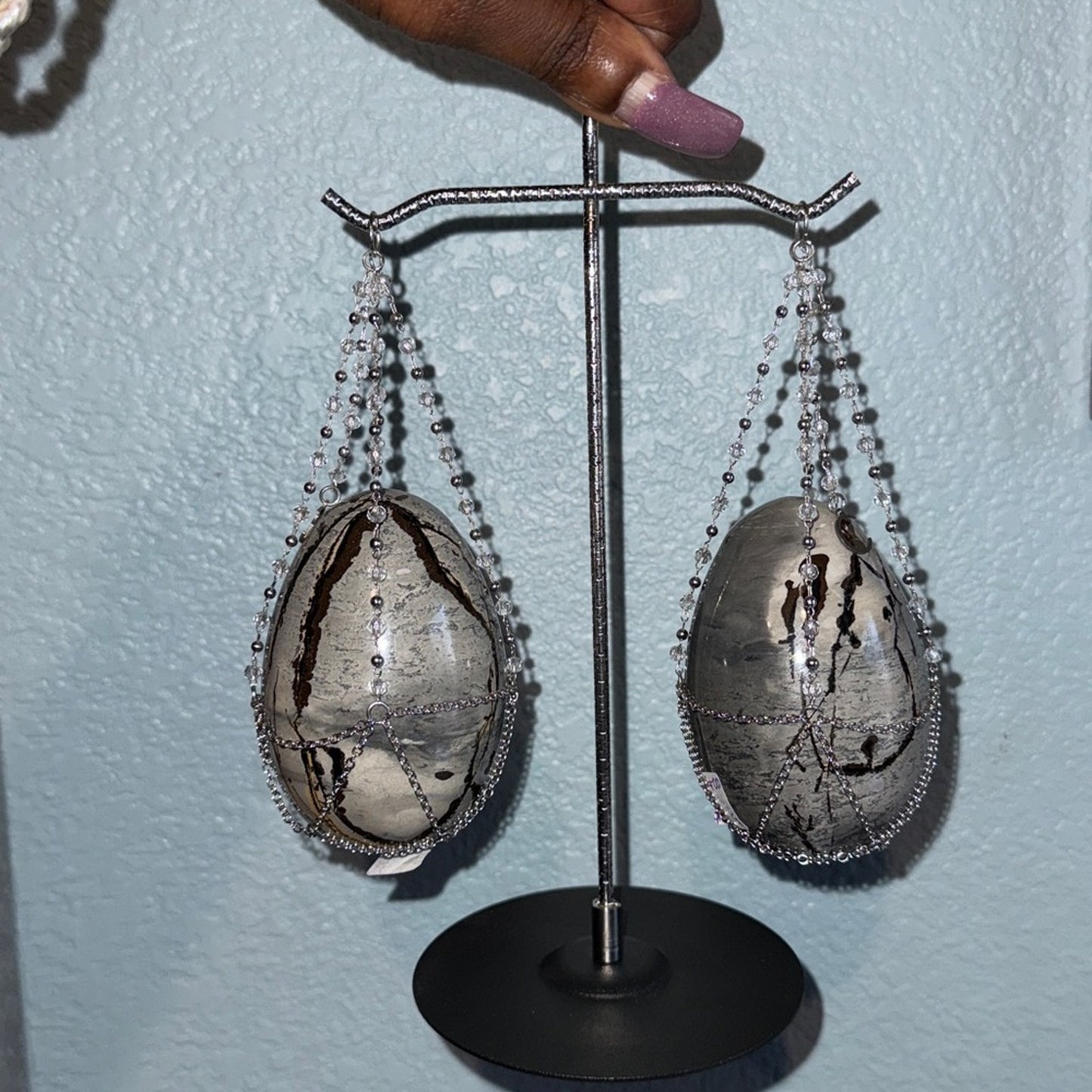 Picture Jasper Crystal Eggs with Silver Scale Chain Holder Set 🌹🌹