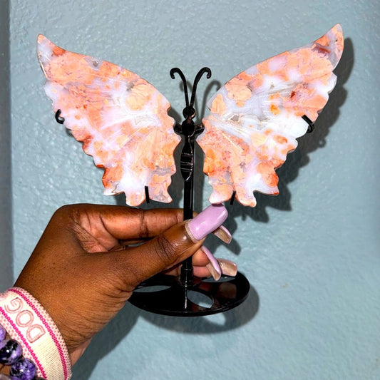 Pink Flower Agate Butterfly and Stand - PINKFLWTAGTBTFLY