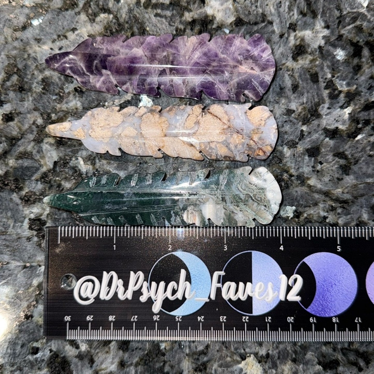Set of 3 - Dream Amethyst, Moss Agate, Blue Flower  Agate Carved Feathers