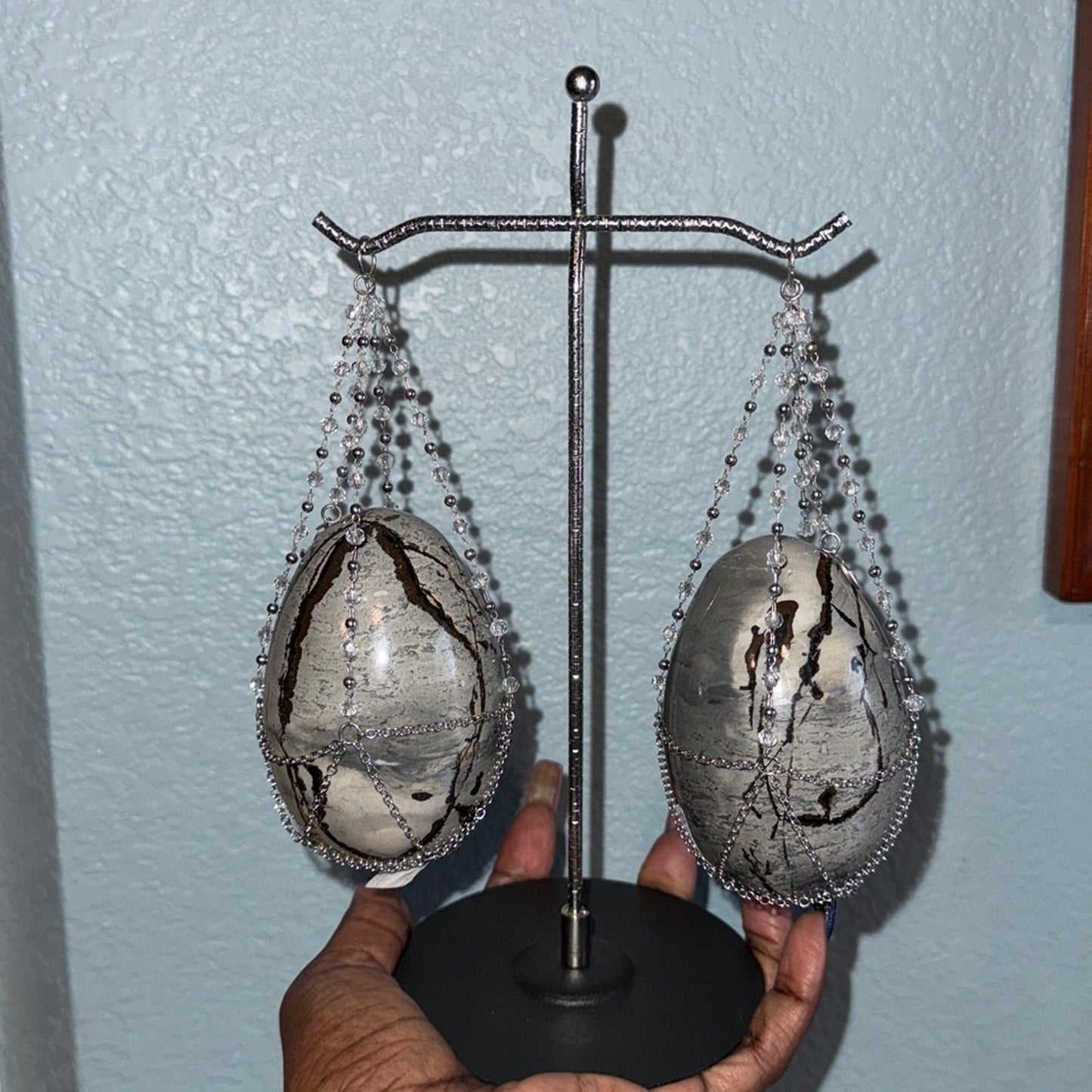 Picture Jasper Crystal Eggs with Silver Scale Chain Holder Set 🌹🌹
