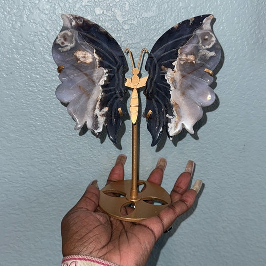 Blue Flower Agate Butterfly and Stand - BLUEFLWTAGTBTFLY-002