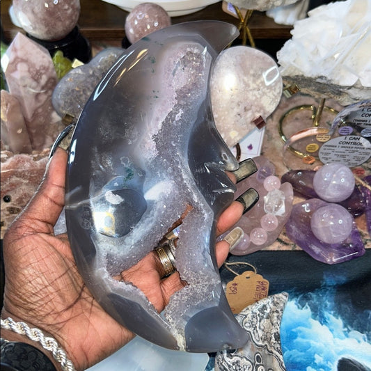 Amethyst, Quartz, & Agate Moon Custom carving AMAGTMOON-LRG