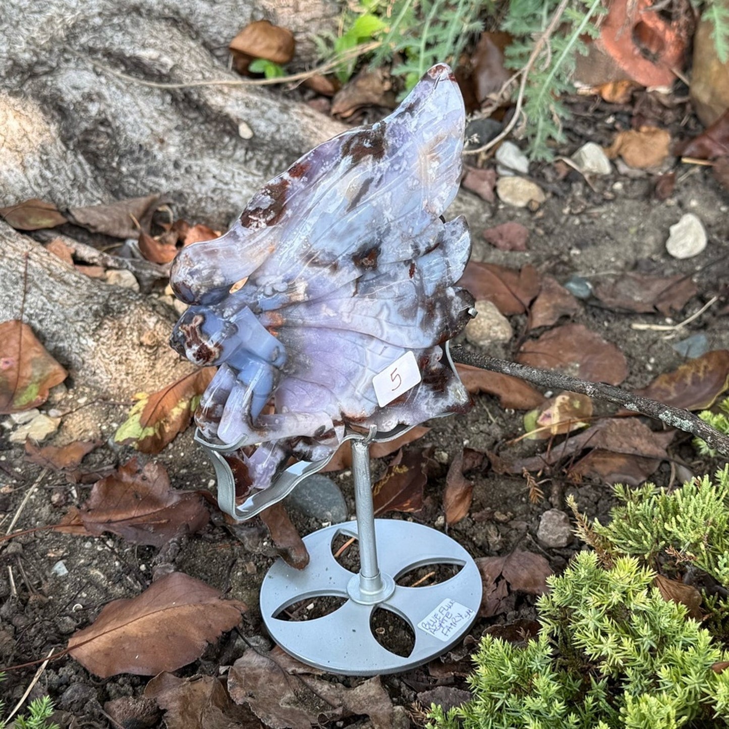 Blue Flower Agate Fairy and Custom Stand - BLUEFLWRAGTFRY-001